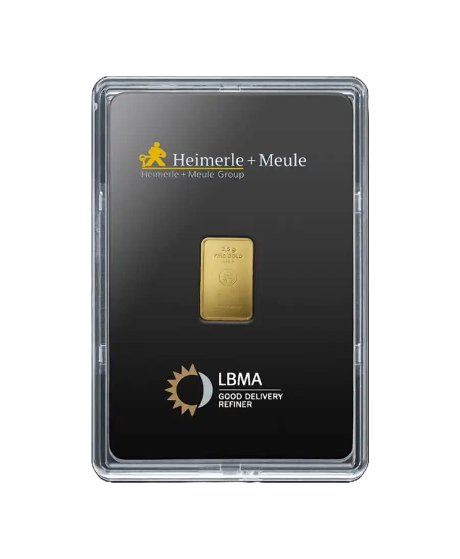 front of the 2.5 Grams HEIMERLE AND MEULE bar of pure 24K recycled gold for sale available at VIRTU LUXURY