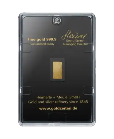 back of the 2.5 Grams HEIMERLE + MEULE bar of pure 24K recycled gold for sale available at VIRTU LUXURY