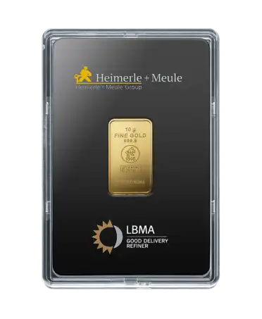front of the 10 Gram minted bar from HEIMERLE + MEULE 24K pure gold on sale available at VIRTU LUXURY
