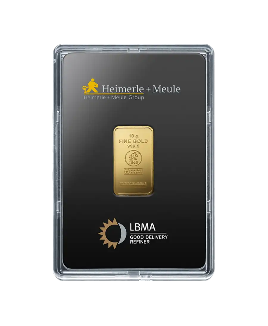 front of the 10 Gram minted bar from HEIMERLE + MEULE 24K pure gold on sale available at VIRTU LUXURY front of the 10 Gram minted bar from HEIMERLE + MEULE 24K pure gold on sale available at VIRTU LUXURY