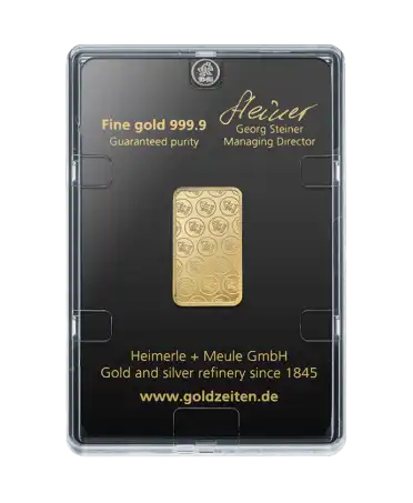 reverse of the 10 Gram HEIMERLE + MEULE 24K pure gold bar for sale available at VIRTU LUXURY