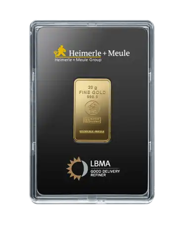 front of the 20 Gram HEIMERLE + MEULE 24K pure gold bar for sale available at VIRTU LUXURY