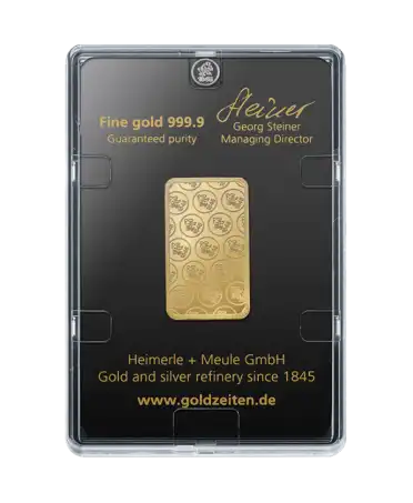 back of the 20-gram HEIMERLE + MEULE pure 24K recycled gold small ingot for sale available at VIRTU LUXURY
