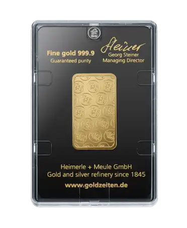 back of the HEIMERLE + MEULE one ounce gold bar pure 24K recycled for sale available at VIRTU LUXURY