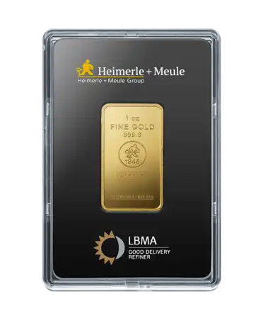 front of the 1 ounce bar of pure 24K recycled gold by HEIMERLE + MEULE for sale available at VIRTU LUXURY