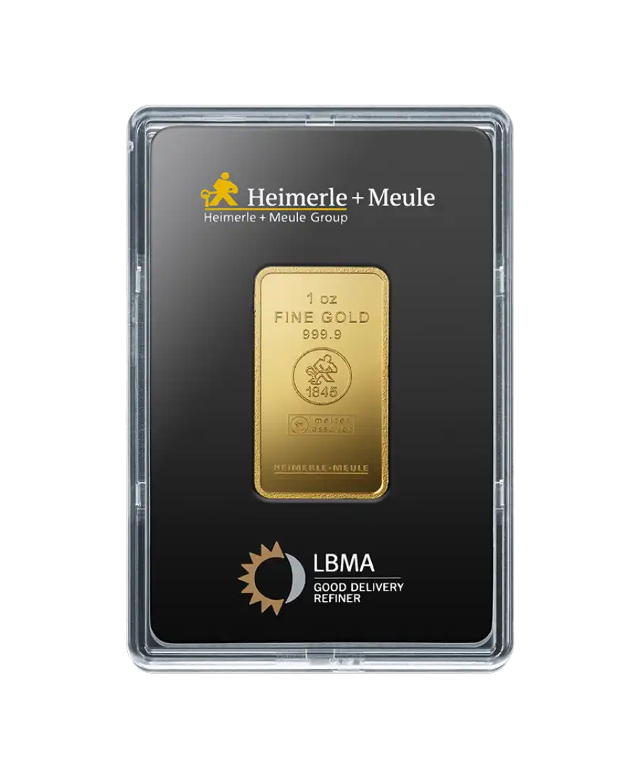 front of the 1 ounce bar of pure 24K recycled gold by HEIMERLE + MEULE for sale available at VIRTU LUXURY front of the 1 ounce bar of pure 24K recycled gold by HEIMERLE + MEULE for sale available at VIRTU LUXURY