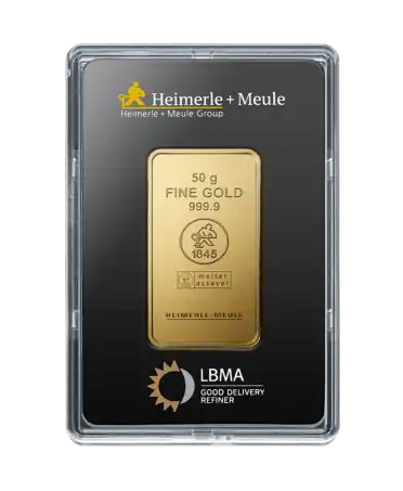 front of the 50 Grams HEIMERLE + MEULE bar of pure 24K gold for sale available at VIRTU LUXURY