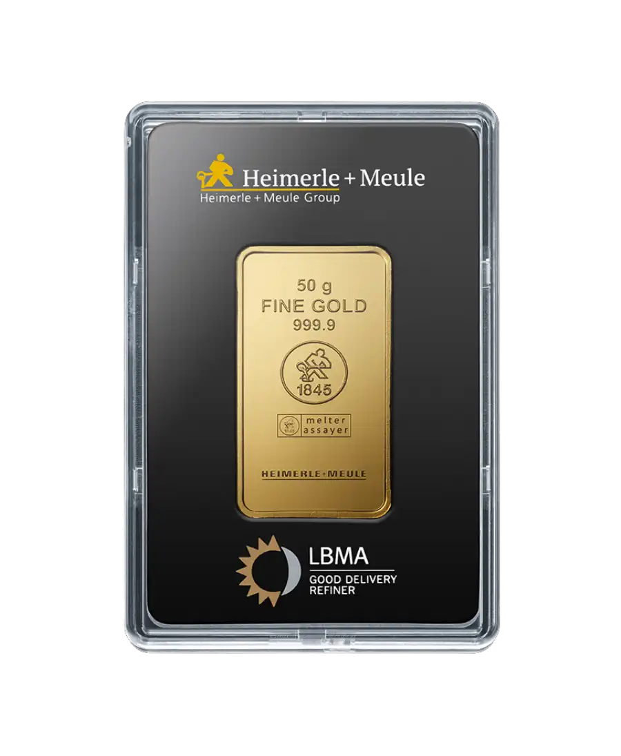 front of the 50 Grams HEIMERLE + MEULE bar of pure 24K gold for sale available at VIRTU LUXURY front of the 50 Grams HEIMERLE + MEULE bar of pure 24K gold for sale available at VIRTU LUXURY