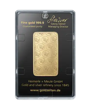back of the 50 Grams HEIMERLE + MEULE bar of pure 24K recycled gold for sale available at VIRTU LUXURY