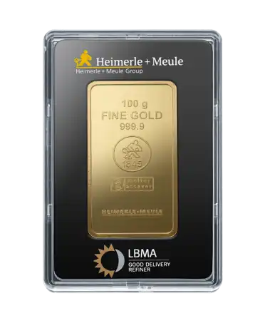 front of the 100 Gram HEIMERLE + MEULE gold small bar of 24K pure recycled gold for sale available at VIRTU LUXURY