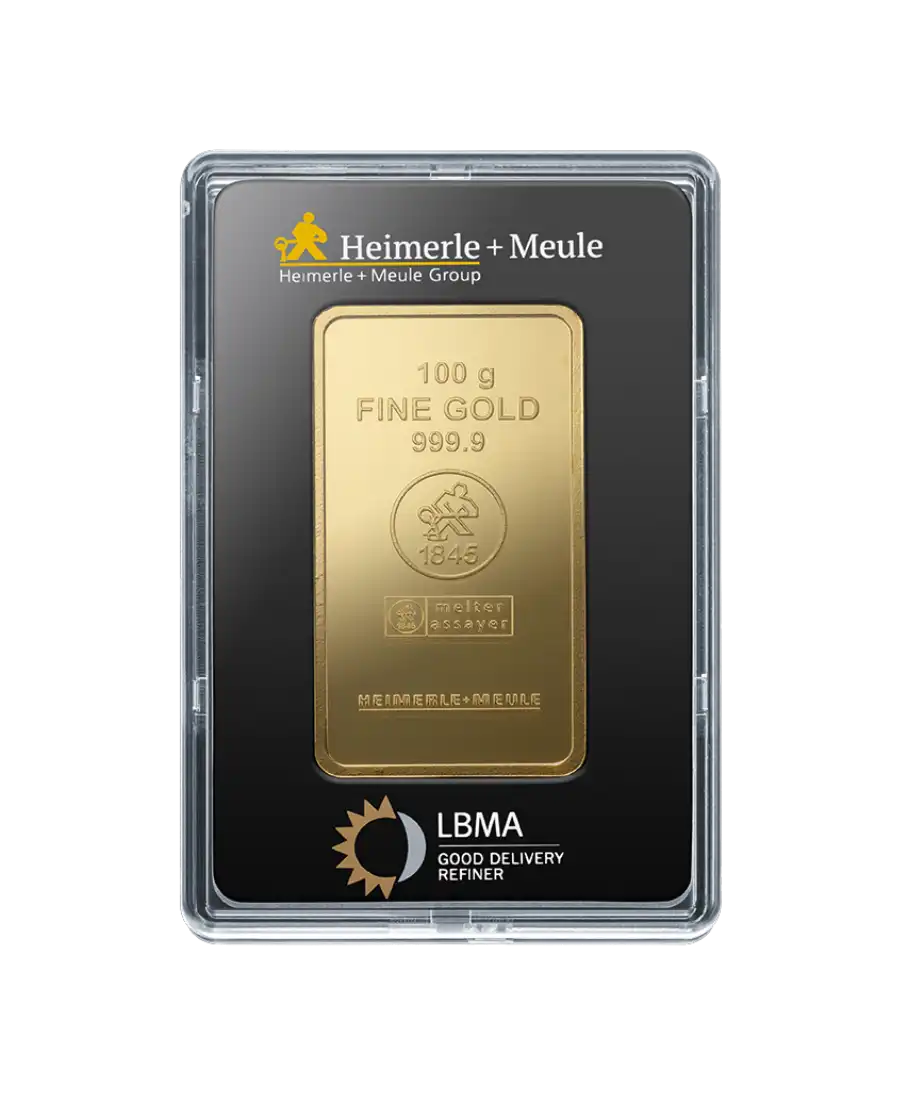 front of the 100 Gram HEIMERLE + MEULE gold small bar of 24K pure recycled gold for sale available at VIRTU LUXURY