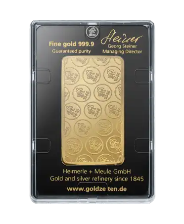 Reverse of the 100 gram HEIMERLE & MEULE pure 24K recycled gold bar for sale available at VIRTU LUXURY