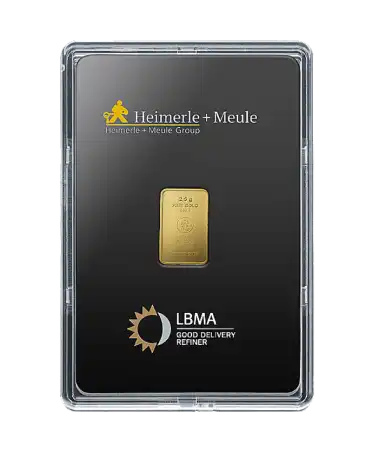 front of the 1 gram HEIMERLE + MEULE pure 24K recycled gold small bar for sale available at VIRTU LUXURY