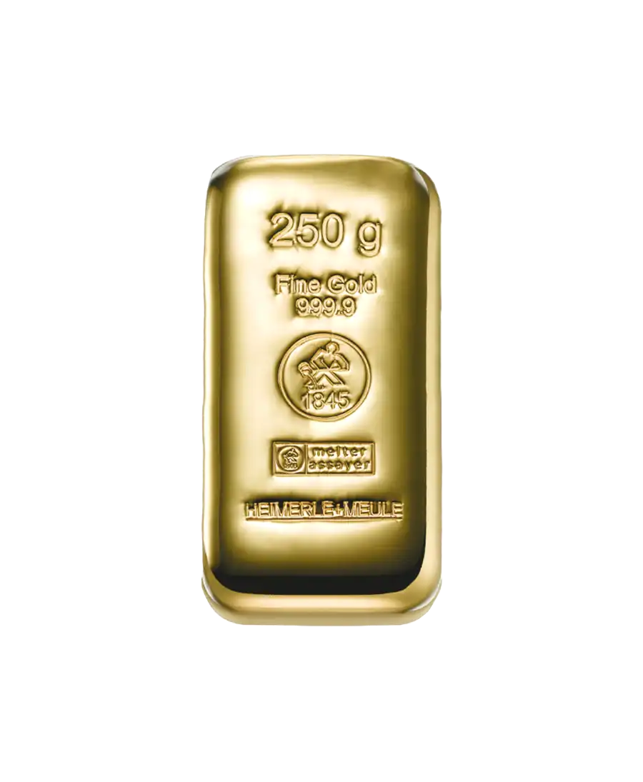 HEIMERLE ET MEULE cast bar of 250 Grams of 24K pure gold available at VIRTU LUXURY
