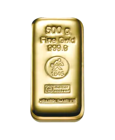 500 Gram cast ingot by HEIMERLE AND MEULE made of pure 24K recycled gold at VIRTU LUXURY