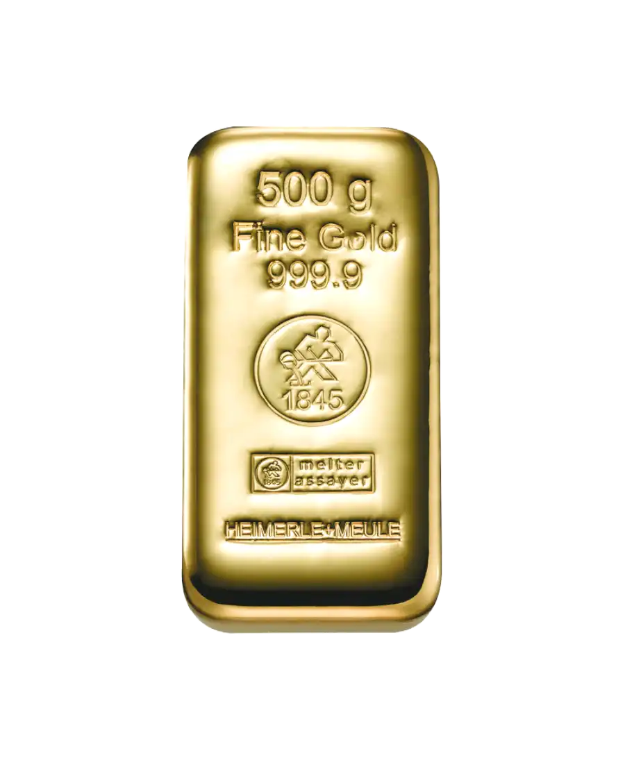 500 Gram cast ingot by HEIMERLE AND MEULE made of pure 24K recycled gold at VIRTU LUXURY 500 Gram cast ingot by HEIMERLE AND MEULE made of pure 24K recycled gold at VIRTU LUXURY