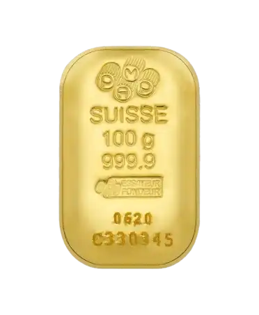 front of the 100 Grams PAMP bar of pure 24K recycled gold for sale available at VIRTU LUXURY