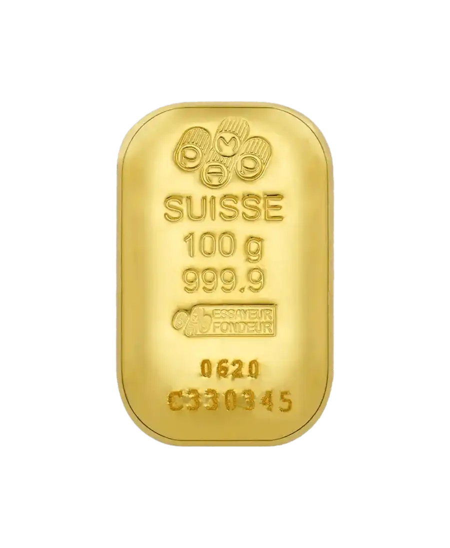 front of the 100 Grams PAMP bar of pure 24K recycled gold for sale available at VIRTU LUXURY