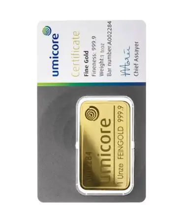 front of the stamped one-ounce bar of pure 24K recycled gold by UMICORE for sale available at VIRTU LUXURY