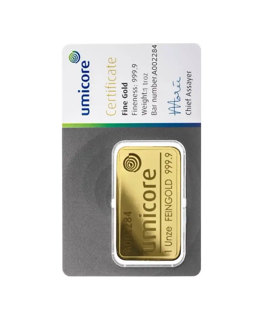 front of the stamped one-ounce bar of pure 24K recycled gold by UMICORE for sale available at VIRTU LUXURY