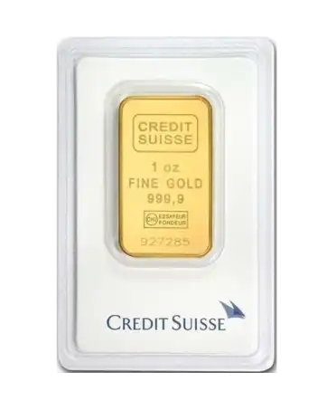 obverse of the minted 1 Ounce Credit Suisse recycled 24K pure gold small bar for sale available at VIRTU LUXURY