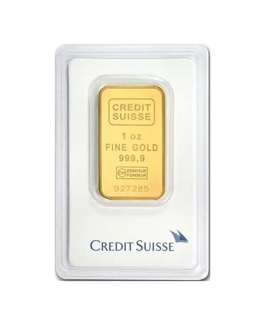 obverse of the minted 1 Ounce Credit Suisse recycled 24K pure gold small bar for sale available at VIRTU LUXURY