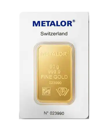 front of the 50 Gram stamped 24K pure gold bar from METALOR on sale available at VIRTU LUXURY