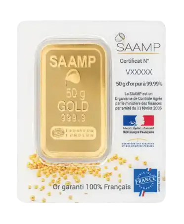 front of the SAAMP 50 Grams 24K pure gold bar for sale available at VIRTU LUXURY