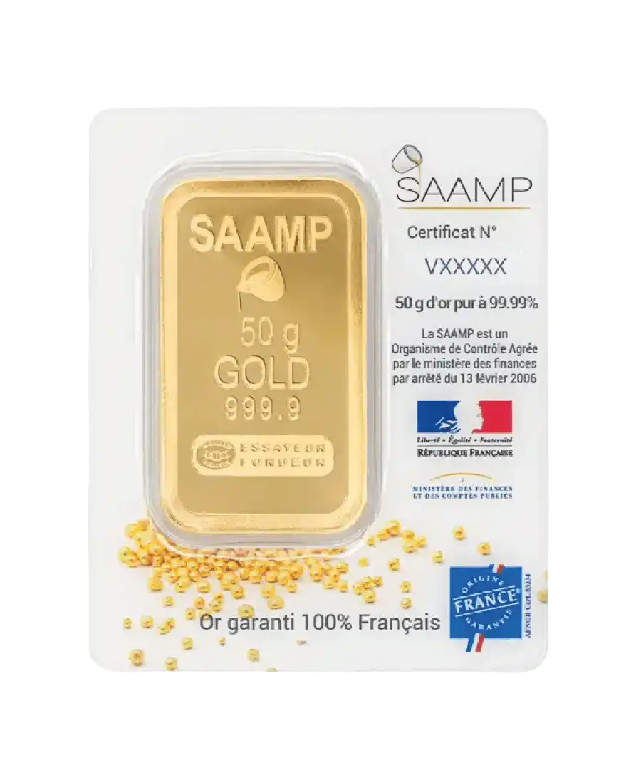 front of the SAAMP 50 Grams 24K pure gold bar for sale available at VIRTU LUXURY