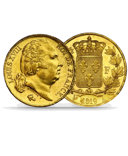 pièce de LOUIS D'OR ou encore la 20 Francs Or LOUIS XVIII disponible chez VIRTU LUXURY